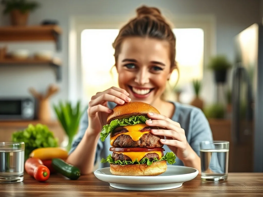 Uśmiechnięta kobieta jedząca burgera w jasnej kuchni, obrazująca ideę cheat mealu w zbilansowanej diecie.