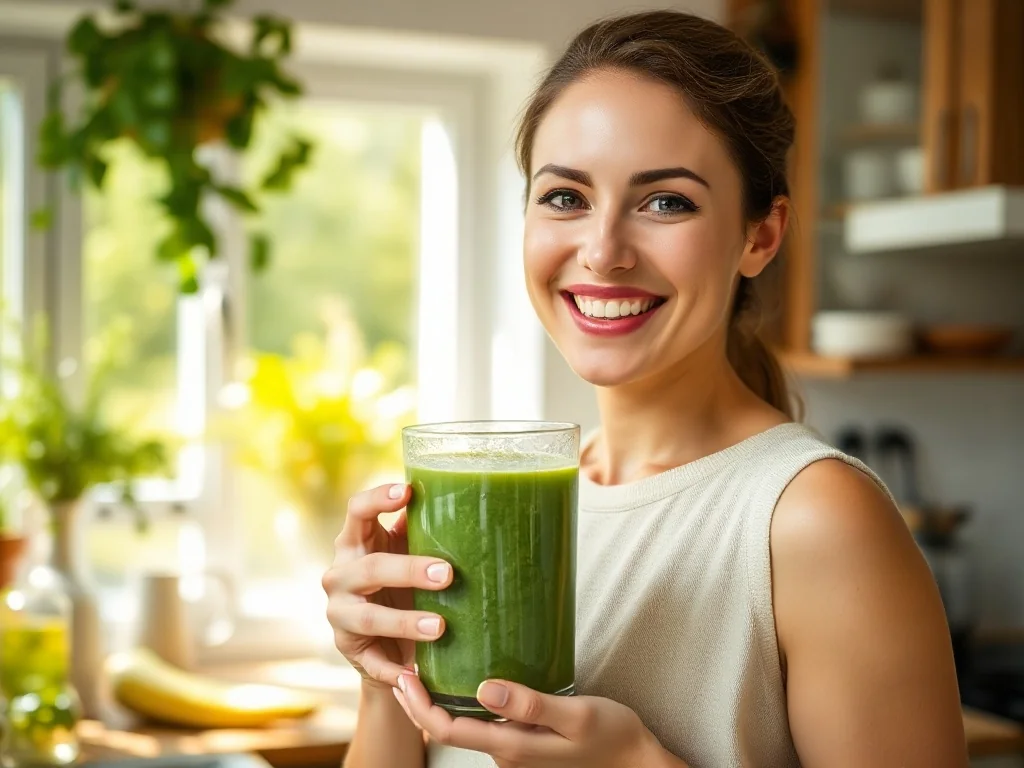 Uśmiechnięta kobieta w słonecznej kuchni trzyma zielone smoothie, co symbolizuje zdrowy styl życia i przypływ energii.